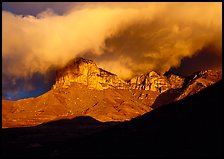 El Capitan and low clouds at sunrise. Guadalupe Mountains National Park, Texas, USA.