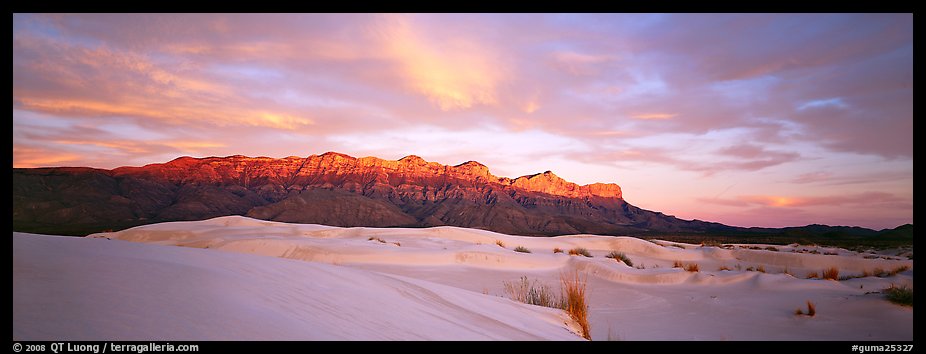 Desert and mountain scenery with gypsum dunes at sunset. Guadalupe Mountains National Park (color)