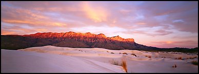 Desert and mountain scenery with gypsum dunes at sunset. Guadalupe Mountains National Park, Texas, USA.