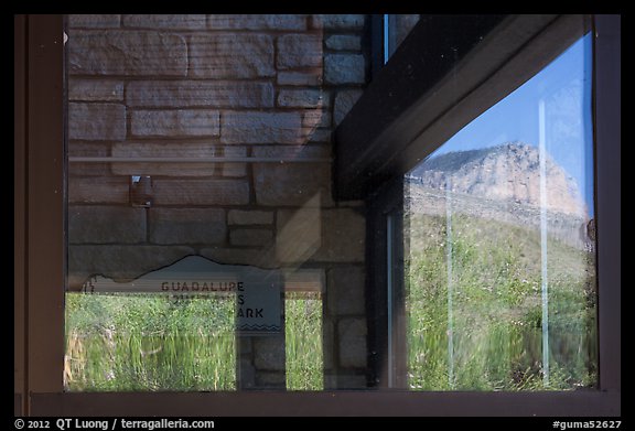 Mountain, visitor center window reflexion. Guadalupe Mountains National Park (color)