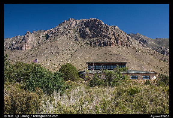 Visitor center and Hunter Peak. Guadalupe Mountains National Park (color)