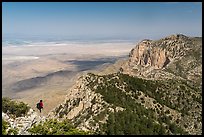 Park visitor looking, Guadalupe Peak. Guadalupe Mountains National Park, Texas, USA.