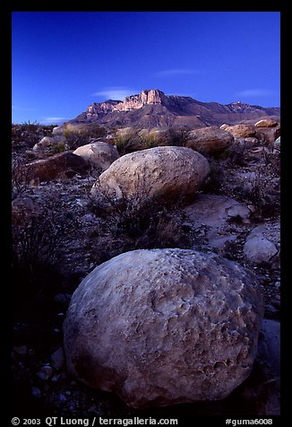 Limestone boulders and El Capitan from the South, dusk. Guadalupe Mountains National Park, Texas, USA.