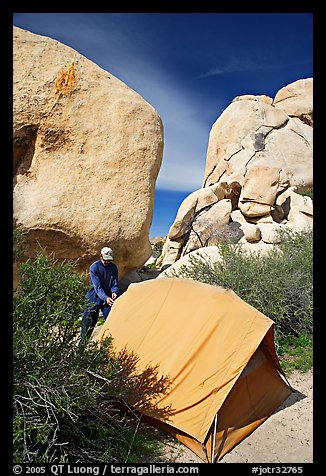 Camper and tent, Hidden Valley Campground. Joshua Tree National Park, California, USA.