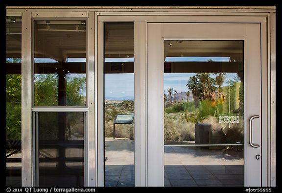 Oasis de Mara, Oasis Visitor Center window reflexion. Joshua Tree National Park (color)