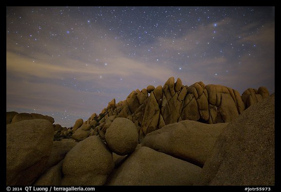 Geometrically shaped rocks and night sky. Joshua Tree National Park, California, USA.