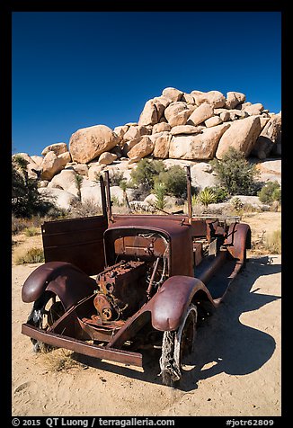 Rusting car near Wall Street Mill. Joshua Tree National Park (color)