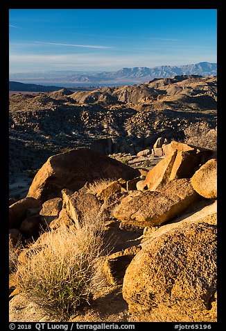 View towards Salton Sea from Mastodon Peak, sunrise. Joshua Tree National Park, California, USA.