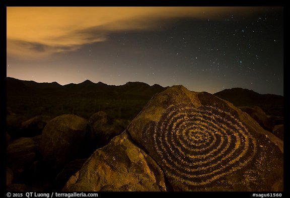 Petroglyphs on Signal Hill and Tucson Mountains at night. Saguaro National Park (color)