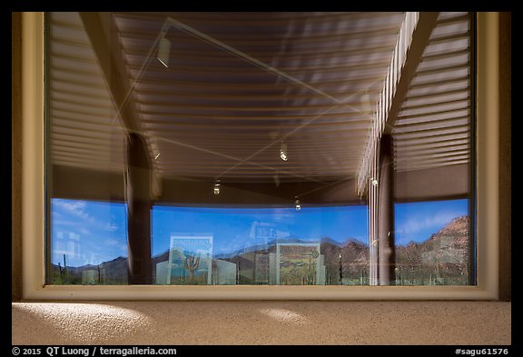 Red hills and cactus, Red Hills Visitor Center window reflexion. Saguaro National Park (color)