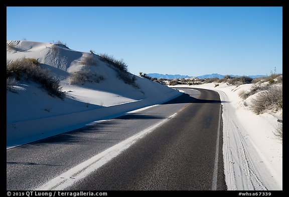 Dunes bordering road. White Sands National Park, New Mexico, USA.