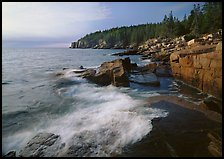 Surf and granite  coast near Otter Cliffs, morning. Acadia National Park, Maine, USA.