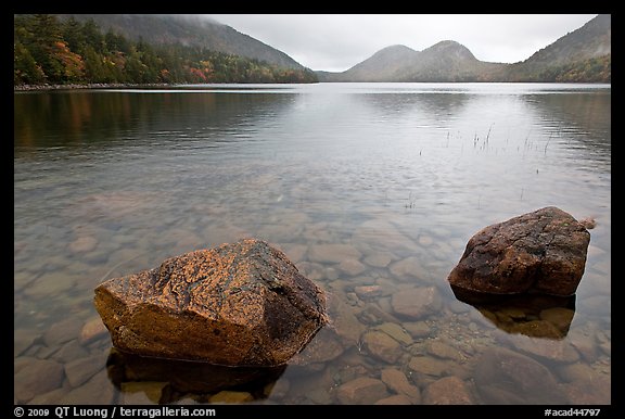 Two boulders in Jordan Pond on foggy morning. Acadia National Park, Maine, USA.