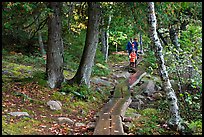 Family hiking on boardwalk. Acadia National Park, Maine, USA.