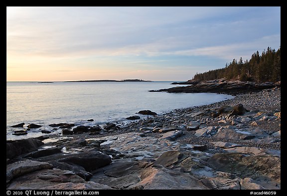 Coastine with slabs, sunrise, Schoodic Peninsula. Acadia National Park, Maine, USA.