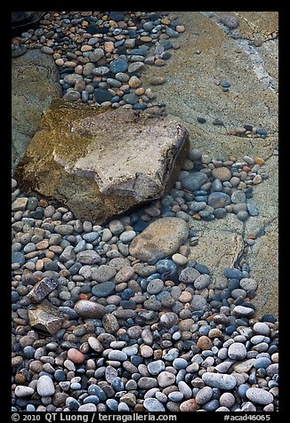 Pebbles in and out of water, Schoodic Peninsula. Acadia National Park, Maine, USA.