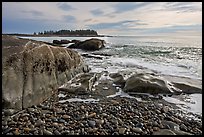 Seascape with pebbles, waves, and island, Schoodic Peninsula. Acadia National Park, Maine, USA. (color)