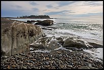 Seascape with pebbles, waves, and island, Schoodic Peninsula. Acadia National Park, Maine, USA.