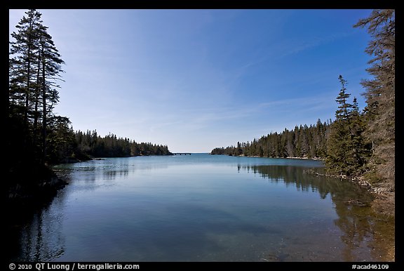 Pier in the distance, Duck Harbor, Isle Au Haut. Acadia National Park, Maine, USA.