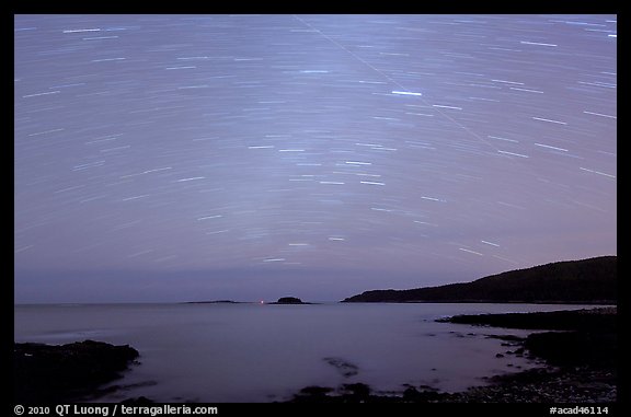 Star trails above coast, Schoodic Peninsula. Acadia National Park (color)