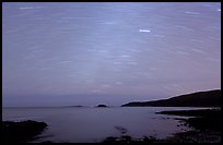 Star trails above coast, Schoodic Peninsula. Acadia National Park, Maine, USA.