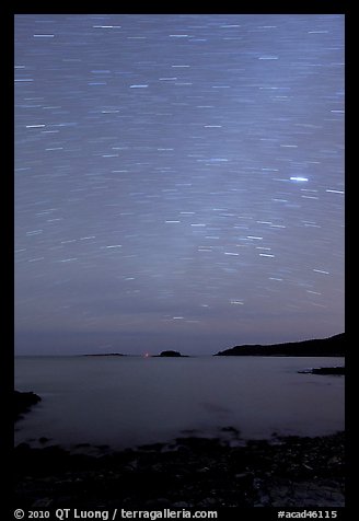 Night sky with star trails, Schoodic Peninsula. Acadia National Park, Maine, USA.