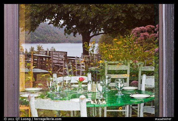 Jordan Pond and lawn, Jordan Pond House window reflexion. Acadia National Park (color)