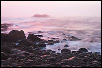 Boulders and ocean, foggy sunrise. Acadia National Park, Maine, USA.