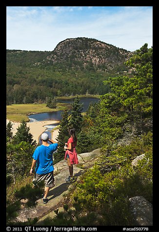 Hikers above Sand Beach. Acadia National Park, Maine, USA.