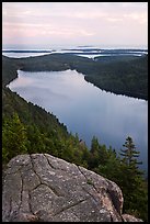 Jordan Pond and islands from Bubbles in summer. Acadia National Park, Maine, USA.