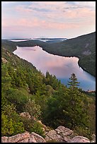 Jordan Pond and islands from Bubbles at sunset. Acadia National Park, Maine, USA.