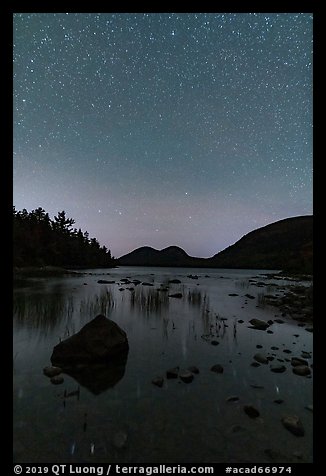 Jordan Pond and Bubbles with starry sky. Acadia National Park, Maine, USA.