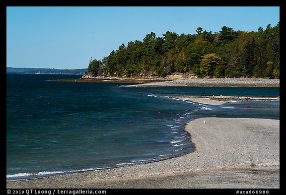 Gravel bar to Bar Harbor Island being submerged by rising tide. Acadia National Park (color)