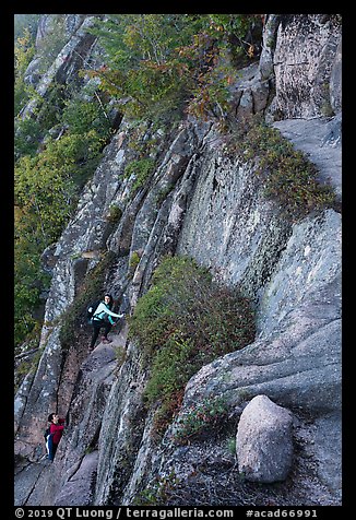 Hikers scaling cliff with iron rungs. Acadia National Park (color)