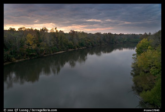 Congaree River under storm clouds at sunset. Congaree National Park, South Carolina, USA.