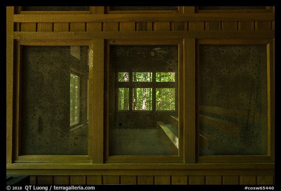 Harry Hampton Visitor Center window. Congaree National Park, South Carolina, USA.