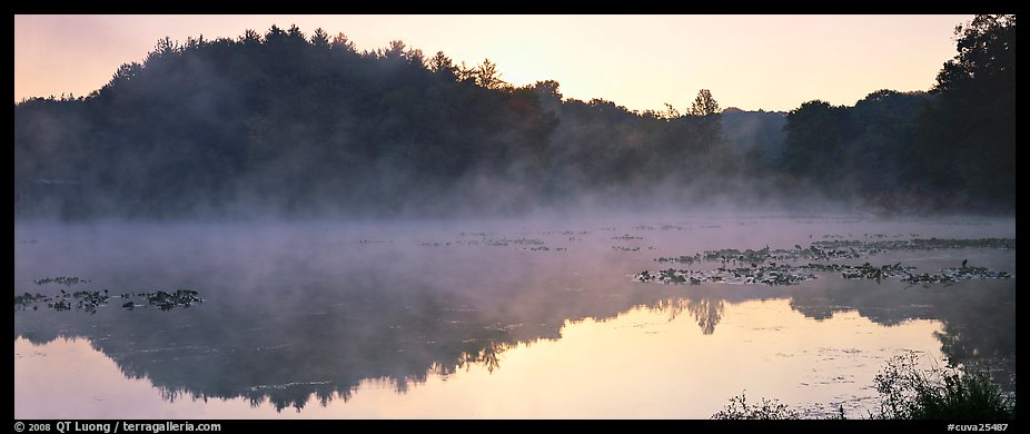 Fog rising of lake at dawn. Cuyahoga Valley National Park (color)