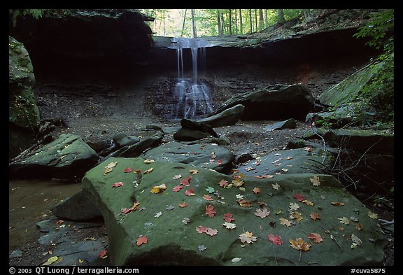 Depression with green rocks and Blue Hen Falls. Cuyahoga Valley National Park, Ohio, USA.