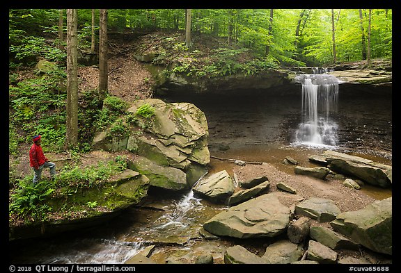 Visitor looking, Blue Hen Falls. Cuyahoga Valley National Park (color)