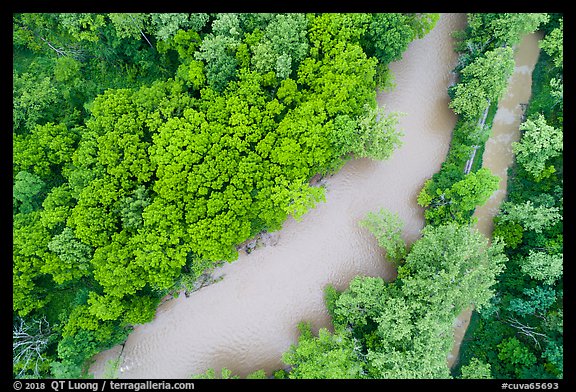Aerial view of Cuyahoga River and Ohio Erie Canal looking down. Cuyahoga Valley National Park (color)