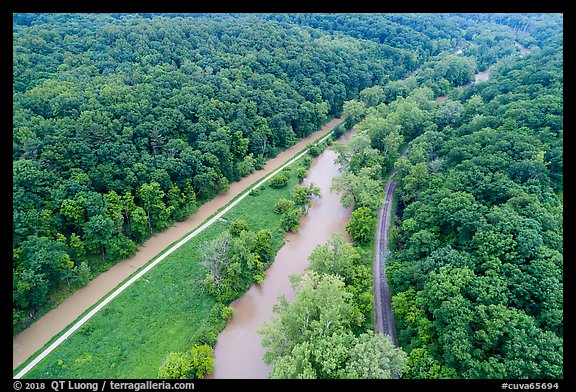 Aerial view of Ohio Erie Canal, Towpath Trail, Cuyahoga River, Scenic Railroad. Cuyahoga Valley National Park (color)