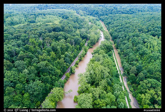 Aerial view of Scenic Railroad along Cuyahoga River and Towpath Trail along Ohio Erie Canal. Cuyahoga Valley National Park (color)