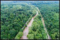 Aerial view of Scenic Railroad along Cuyahoga River and Towpath Trail along Ohio Erie Canal. Cuyahoga Valley National Park ( color)