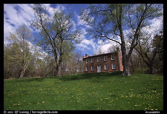 Frazee house with spring wildflowers. Cuyahoga Valley National Park, Ohio, USA.