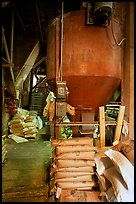 Distributor and bags of bird seeds in Wilson feed mill. Cuyahoga Valley National Park, Ohio, USA. (color)