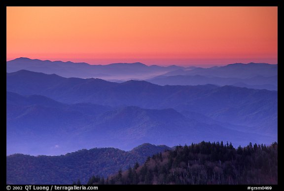 Blue ridges and orange dawn glow from Clingman's dome, North Carolina. Great Smoky Mountains National Park (color)