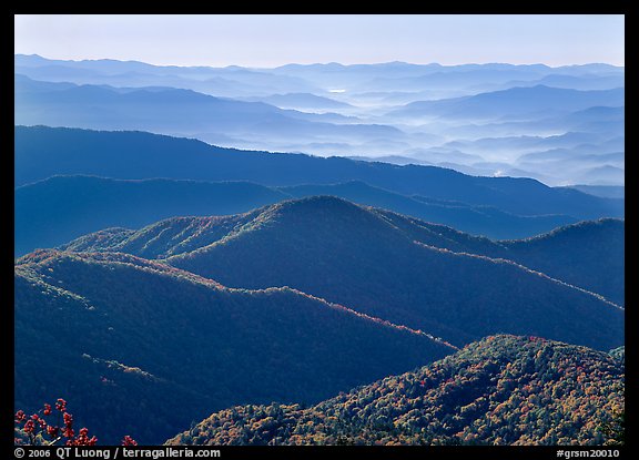 Forested and distant ridges in haze seen from Clingmans Dome, North Carolina. Great Smoky Mountains National Park, USA.