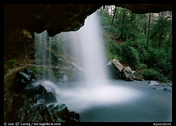 Grotto falls seen from under overhang, Tennessee. Great Smoky Mountains National Park, USA.