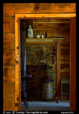 Room seen through doorway inside cabin, Cades Cove, Tennessee. Great Smoky Mountains National Park, USA.