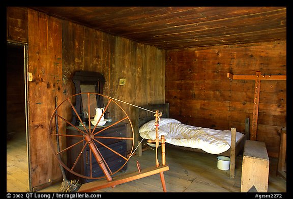 Cabin interior with rural historic furnishings, Cades Cove, Tennessee. Great Smoky Mountains National Park, USA.